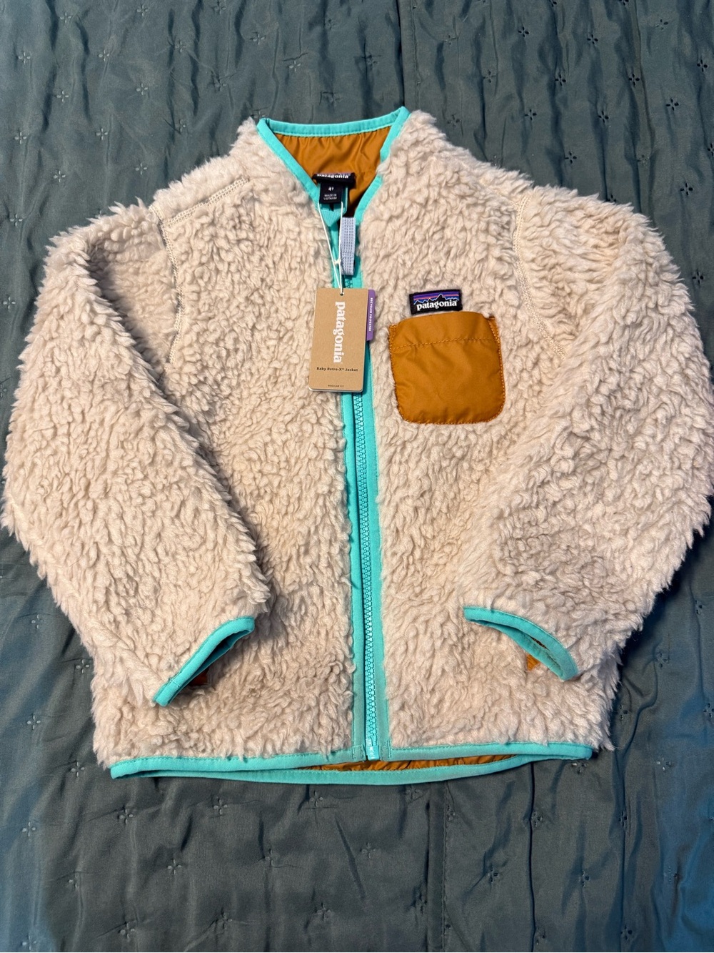 Patagonia Baby Retro-X Jacket 4T NWT Sherpa Jacket with Teal Trim and Tan Pocket